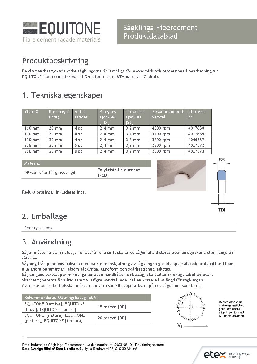 Produktdatablad EQUITONE Sågklinga