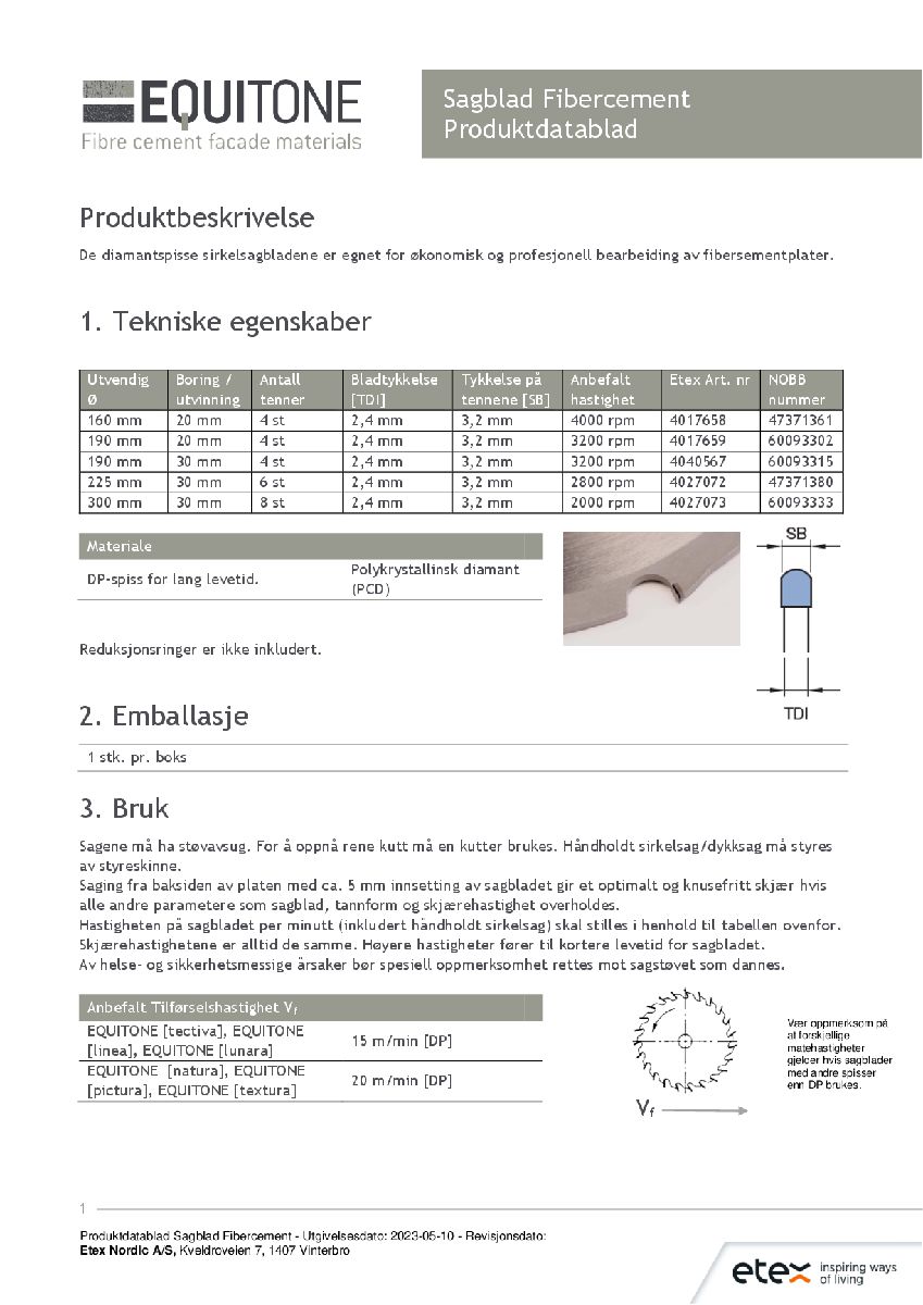 Produktdatablad Sagblad