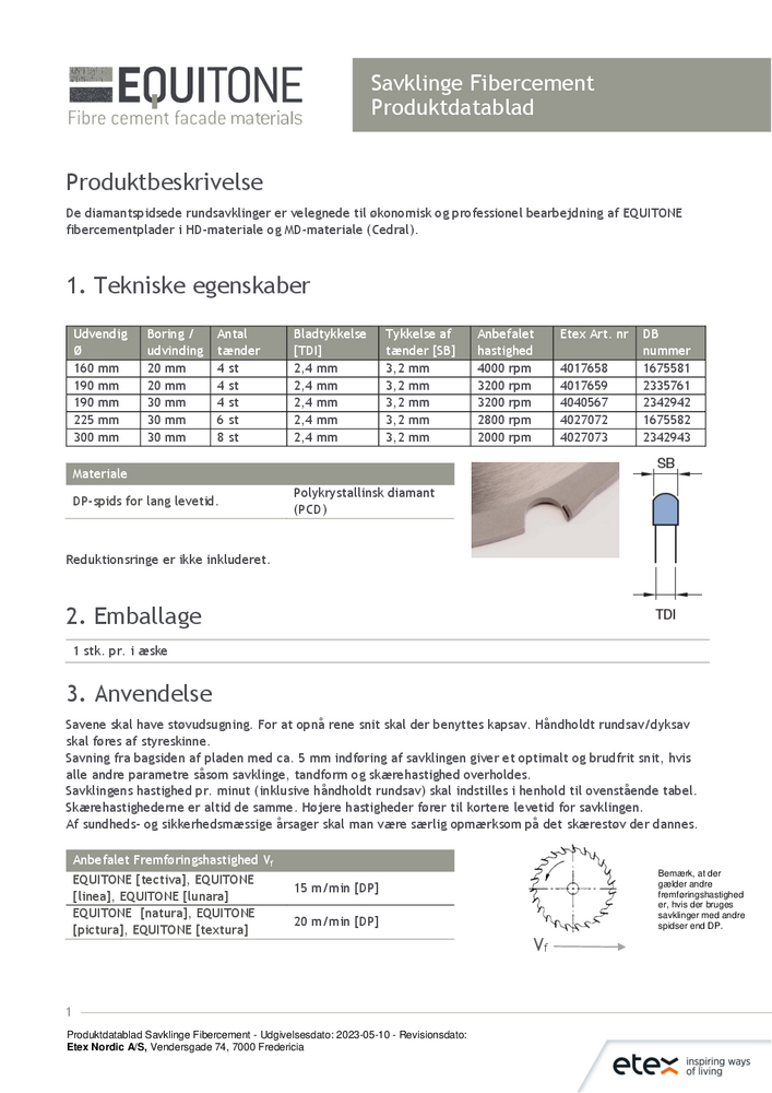 Produktdatablad EQUITONE Savklinge