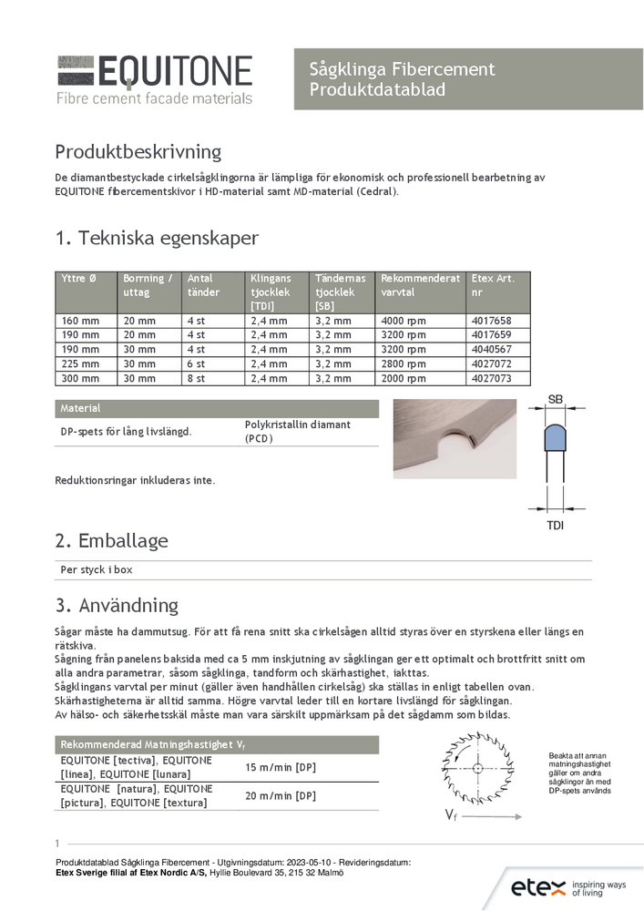 Produktdatablad EQUITONE Sågklinga