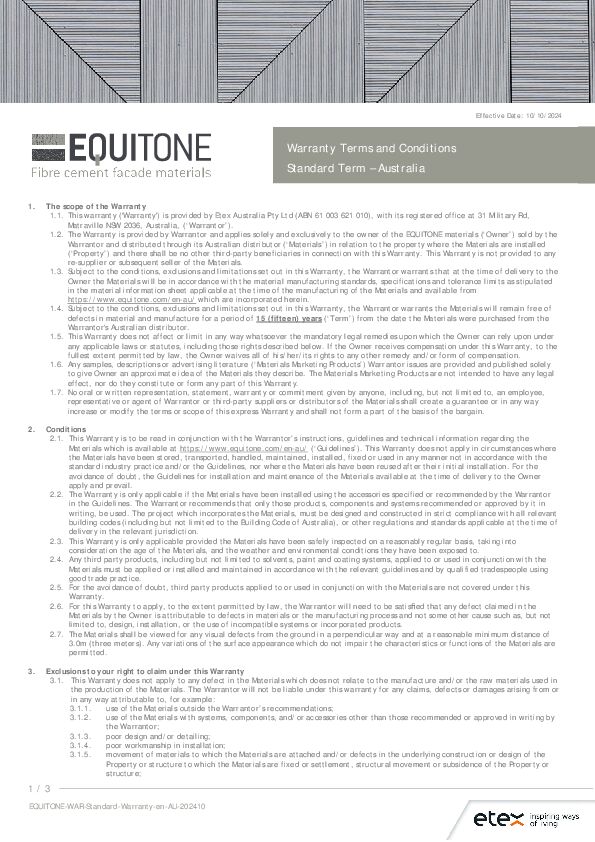 EQUITONE Letter of Warranty