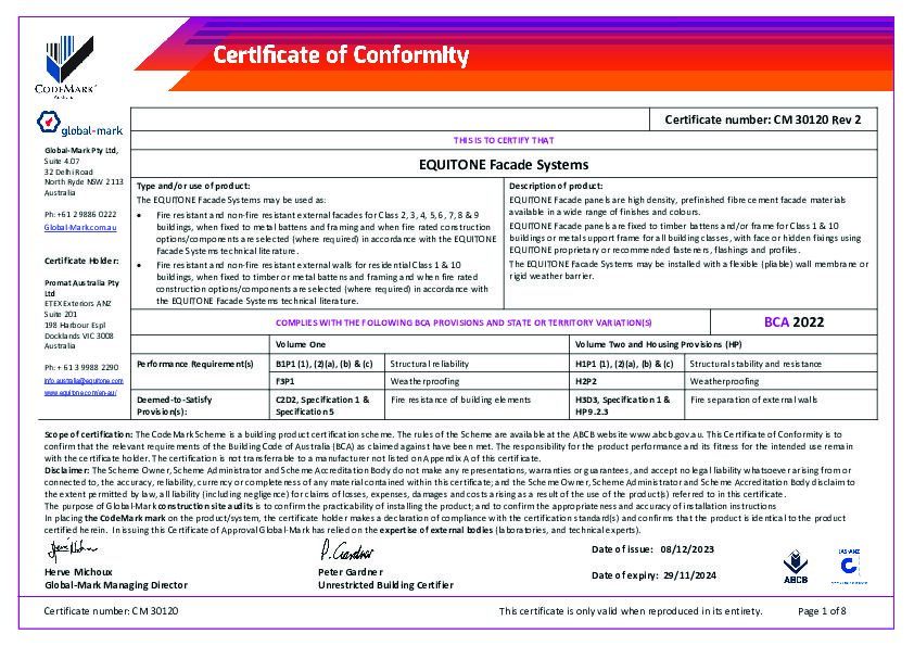 EQUITONE CodeMark certificate