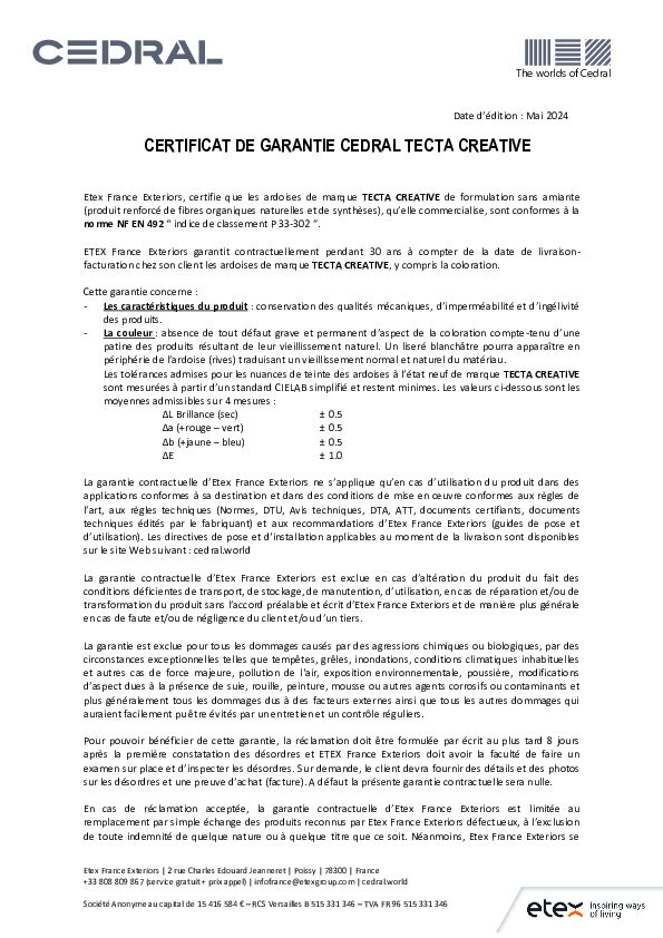 Certificat de garantie CEDRAL TECTA CREATIVE - 2024