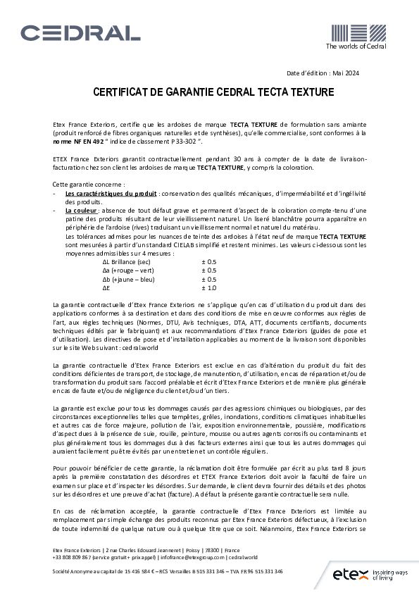 Certificat de garantie CEDRAL TECTA TEXTURE - 2024