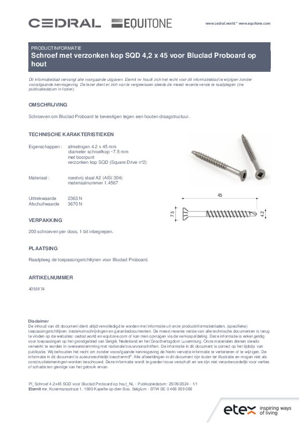 PI_Schroef 4,2x45 SQD voor Bluclad Proboard op hout_NL