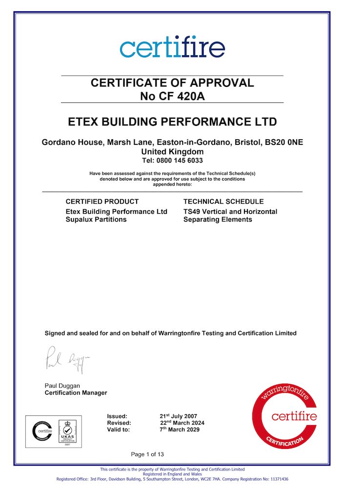 Certifire CF420A - SUPALUX® Partitions & External Walls Certifire Approval