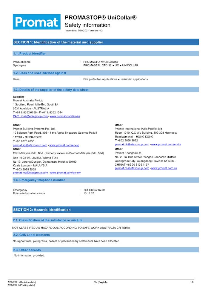 PROMASTOP® UniCollar® Safety Data Sheet