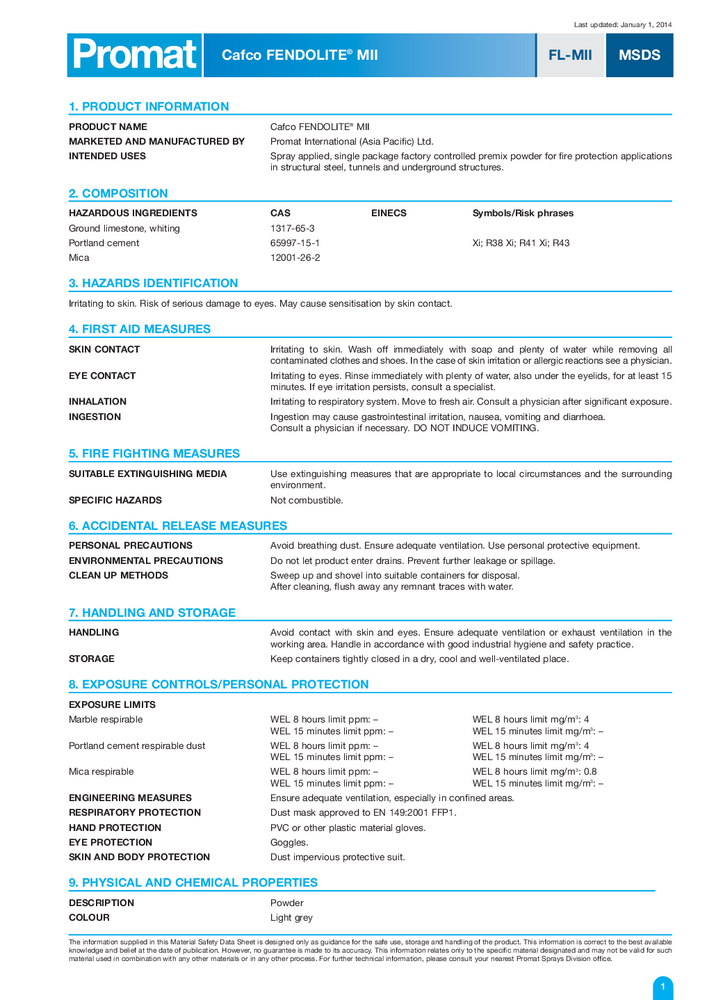 Cafco FENDOLITEE® MII Safety Data Sheet