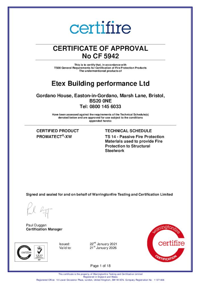 Certifire CF5942 - PROMATECT®-XW Structural Steel Protection Certifire Approval