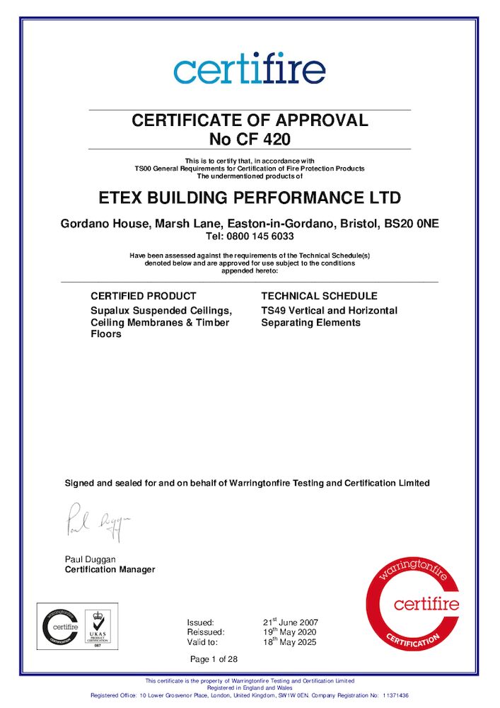 Certifire CF420 - SUPALUX® Ceilings Membranes & Timber Floors Certifire Approval
