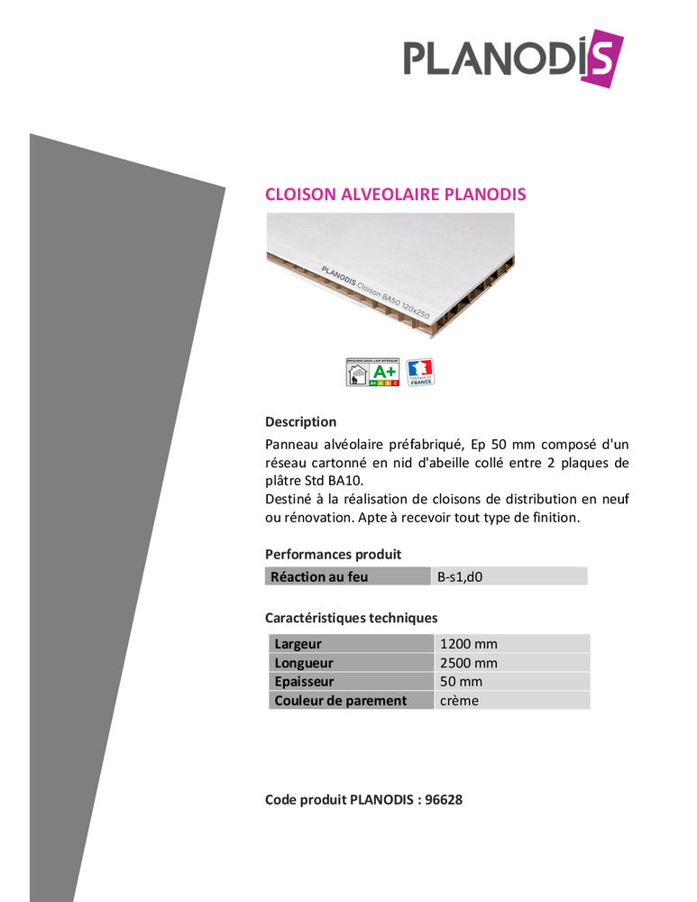Fiche Produit - Planodis Cloison alvéolaire BA50