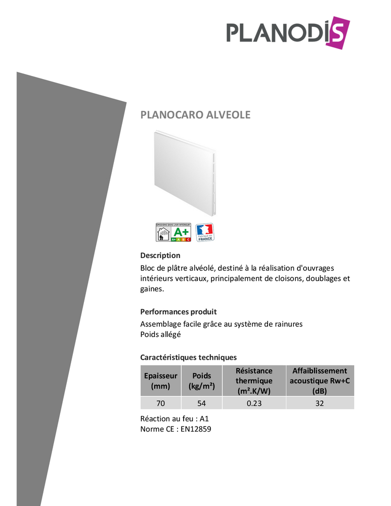 Fiche Produit - Planocaro standard alvéolé