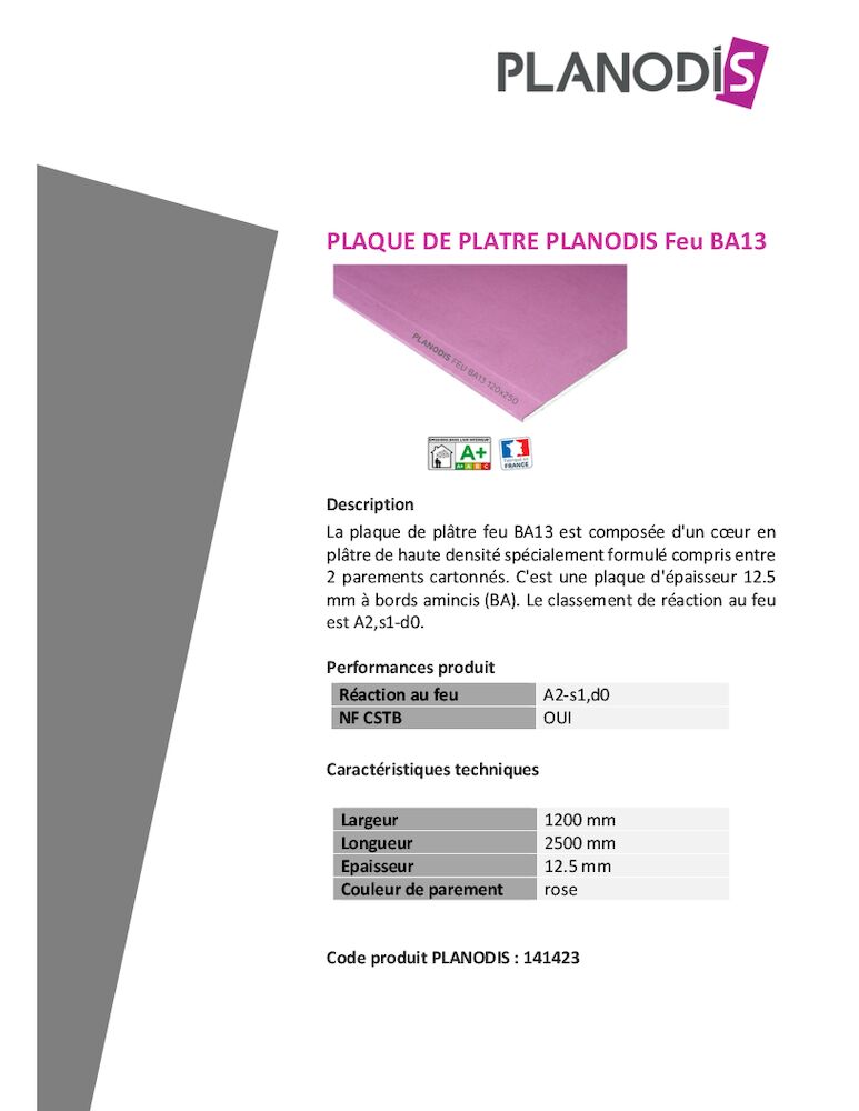 Fiche Produit - Planodis Feu BA13