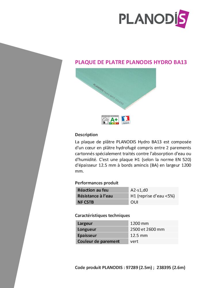 Fiche Produit – Planodis HYDRO BA13