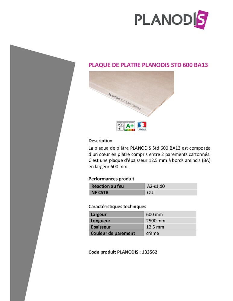 Fiche Produit - Planodis Std BA13 600