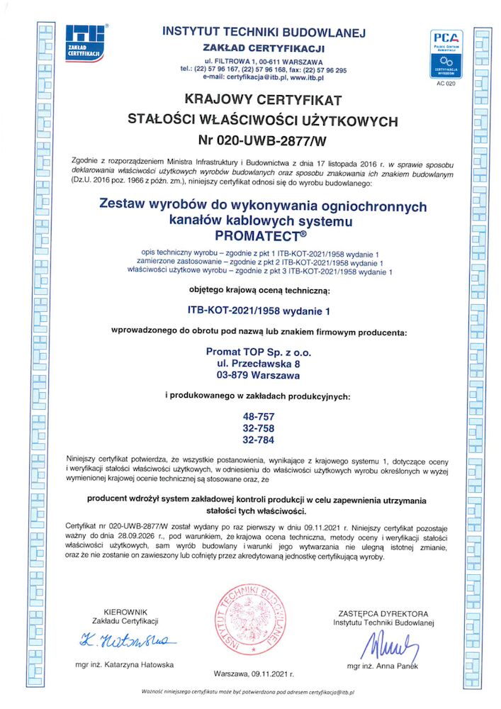 System PROMATECT. Certyfikat Zgodności ITB-0992/W
