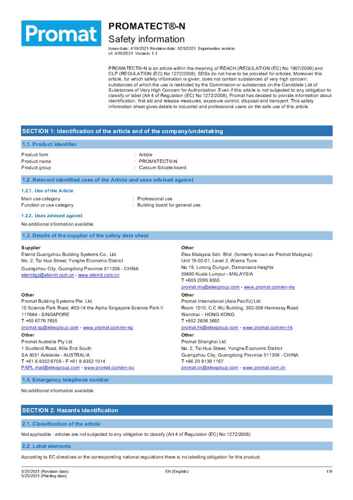 PROMATECT®-N Safety Data Sheet version 1.1