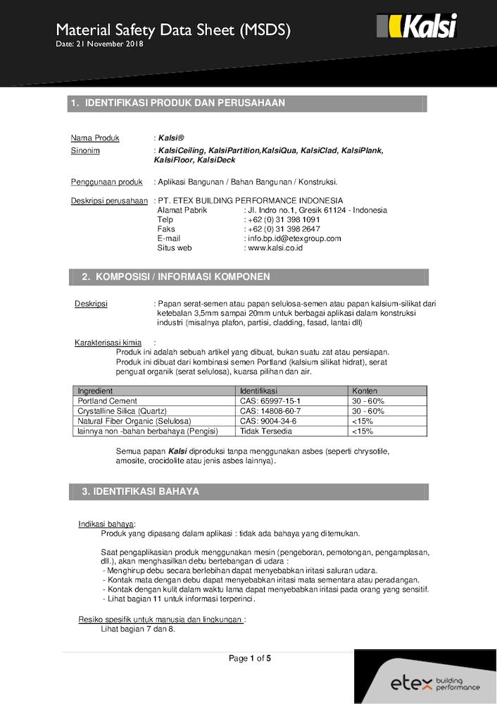 Kalsi Material Safety Data Sheet (MSDS) for Indonesia