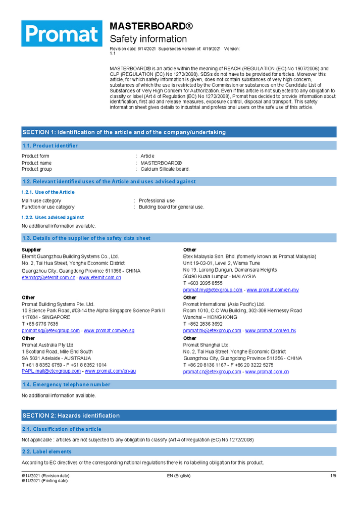 MASTERBOARD® Safety Data Sheet version 1.1