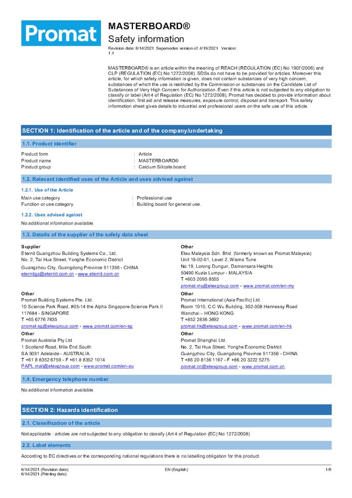 MASTERBOARD® Safety Data Sheet version 1.1