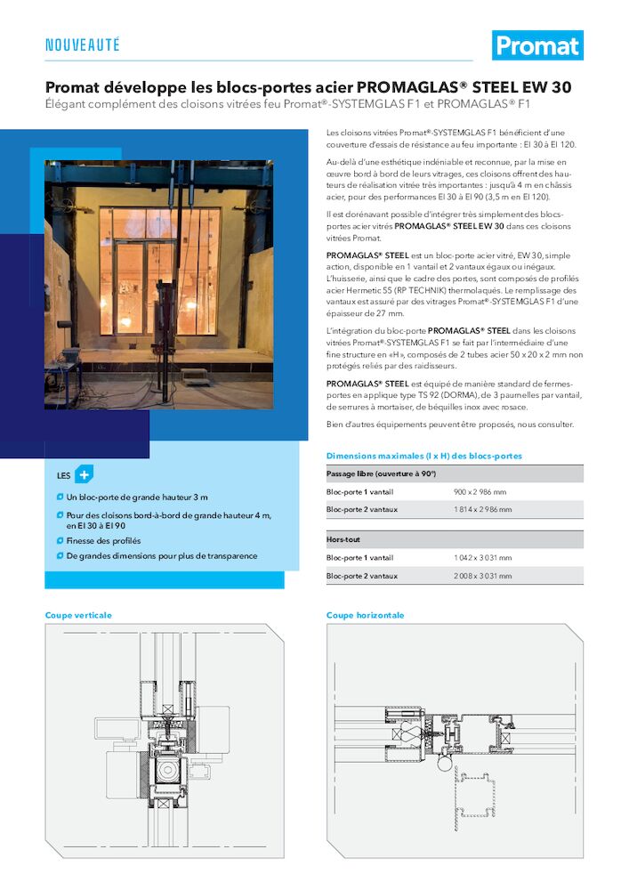 Feuillet nouveauté - Blocs-portes acier PROMAGLAS® STEEL EW 30