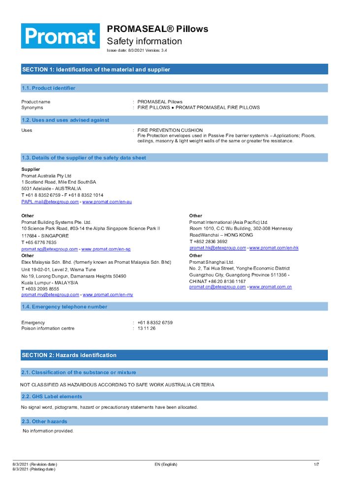 PROMASEAL® Pillows Safety Data Sheet