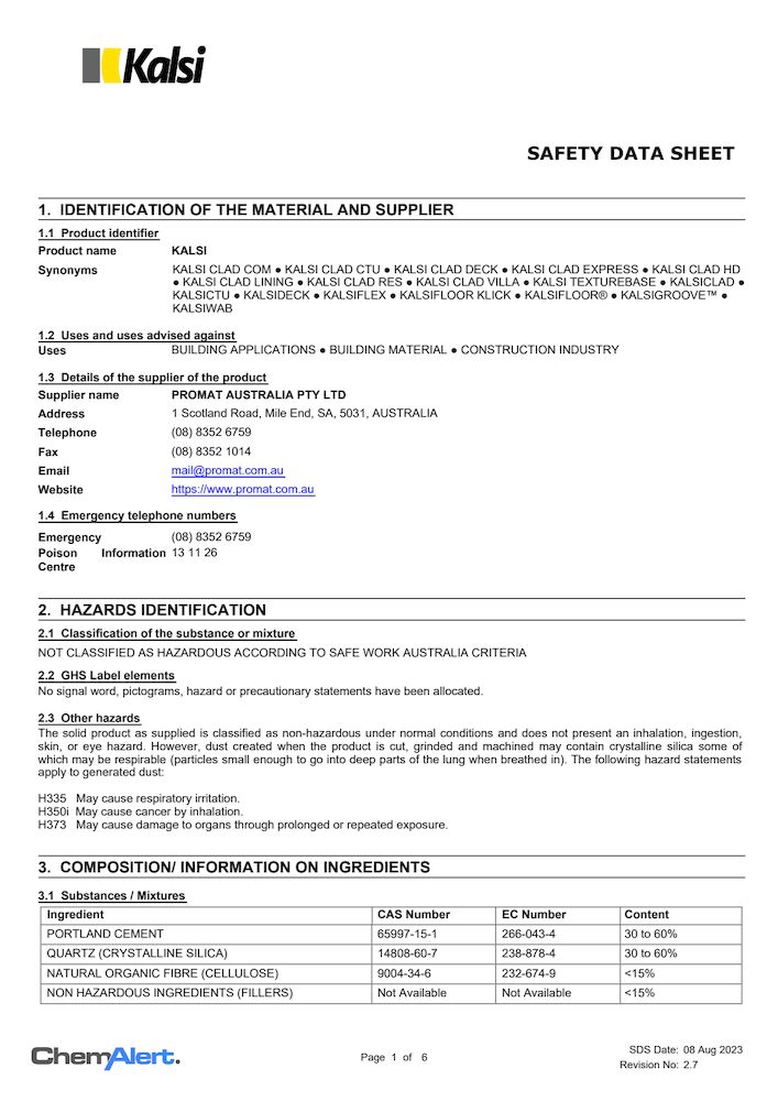 Kalsi Safety Data Sheet (SDS) for Australia