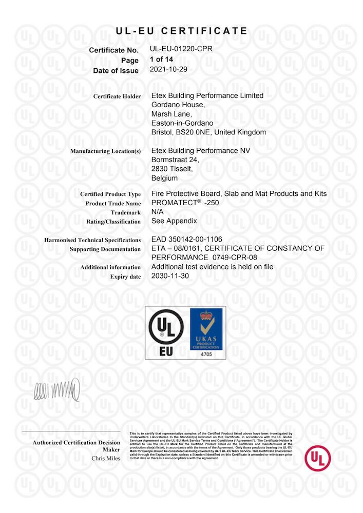 UL-EU 01220-CPR Promatect -250 Structural Steel Protection