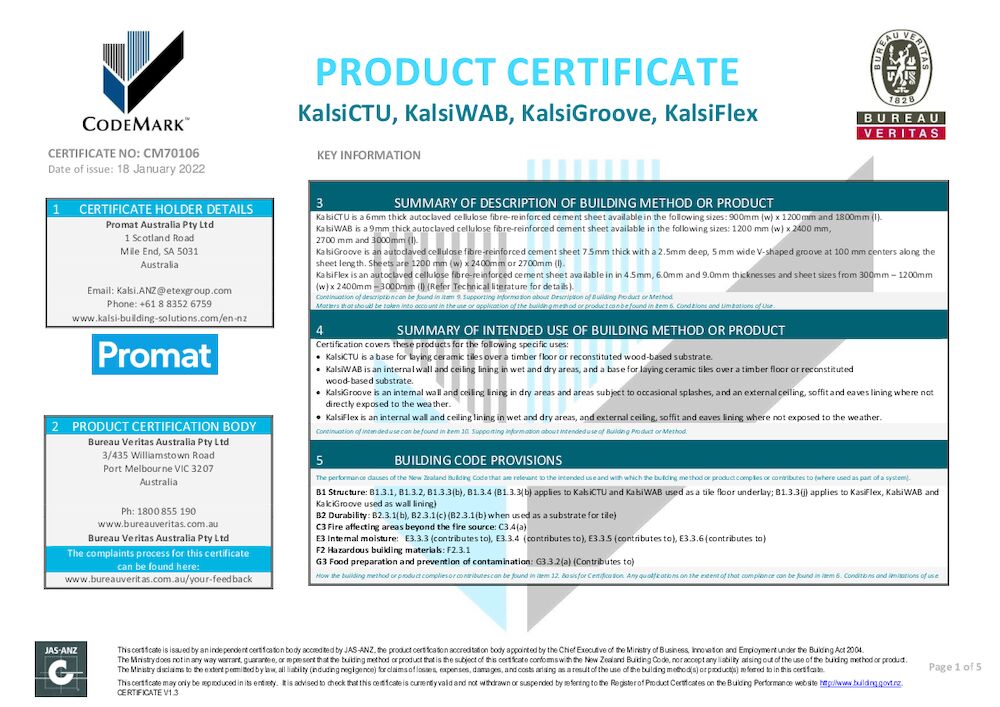 Kalsi CodeMark Product Certificate New Zealand-18 January 2022