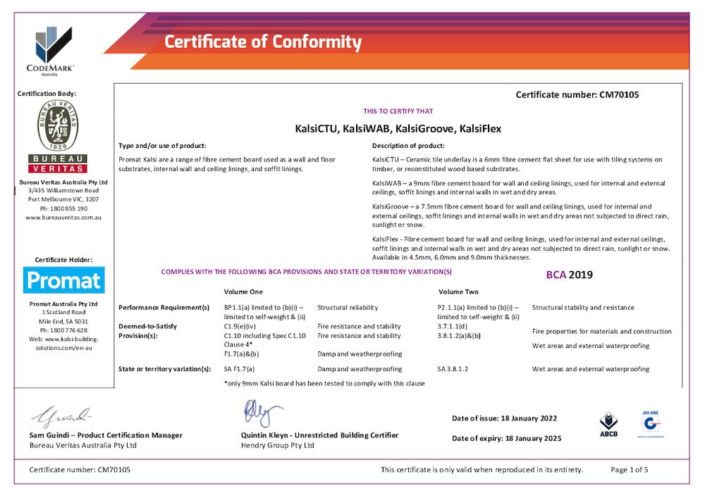 Kalsi CodeMark Certificate of Conformity Australia-18 January 2022