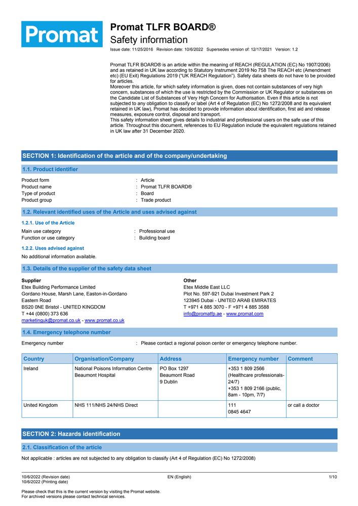 Promat TLFR BOARD® SDS En v1.2