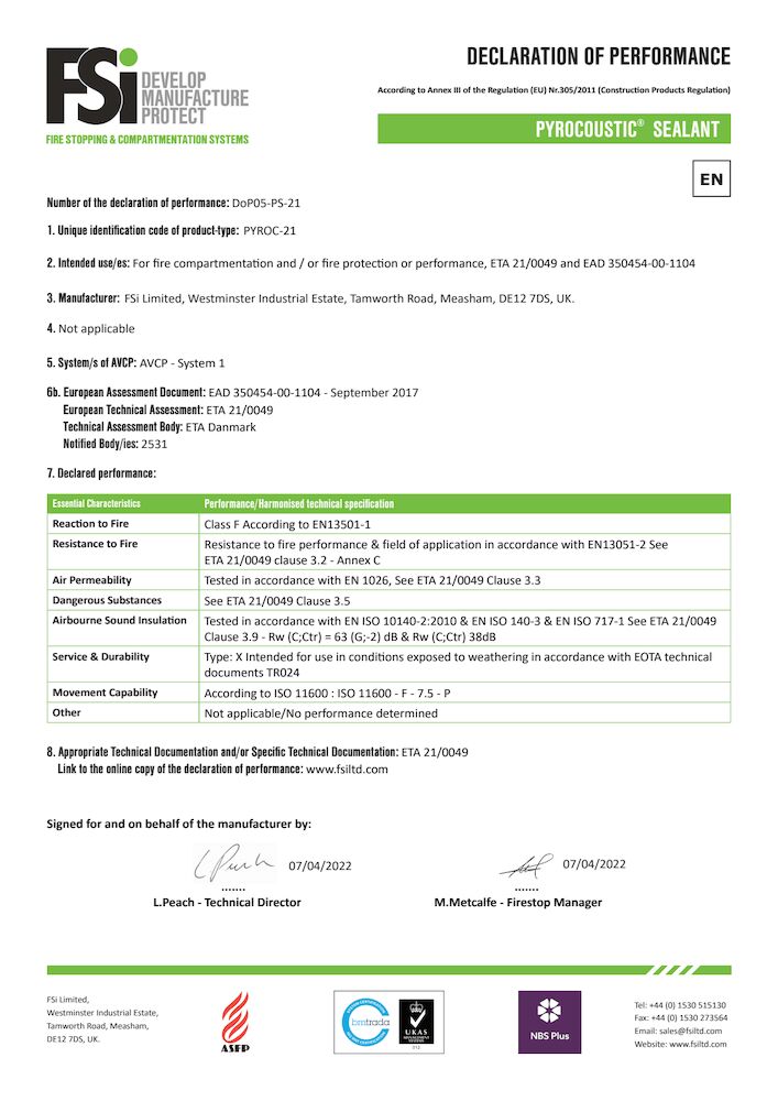 DoP Pyrocoustic Sealant PS April 2022