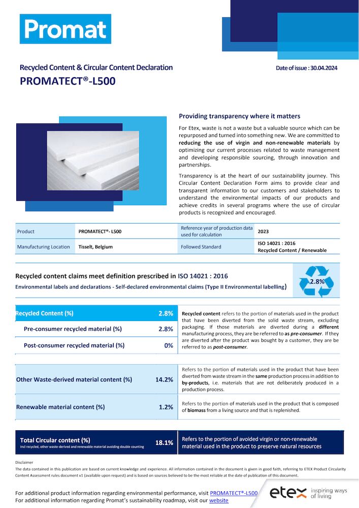 PROMATECT-L500 Contenuto di riciclato