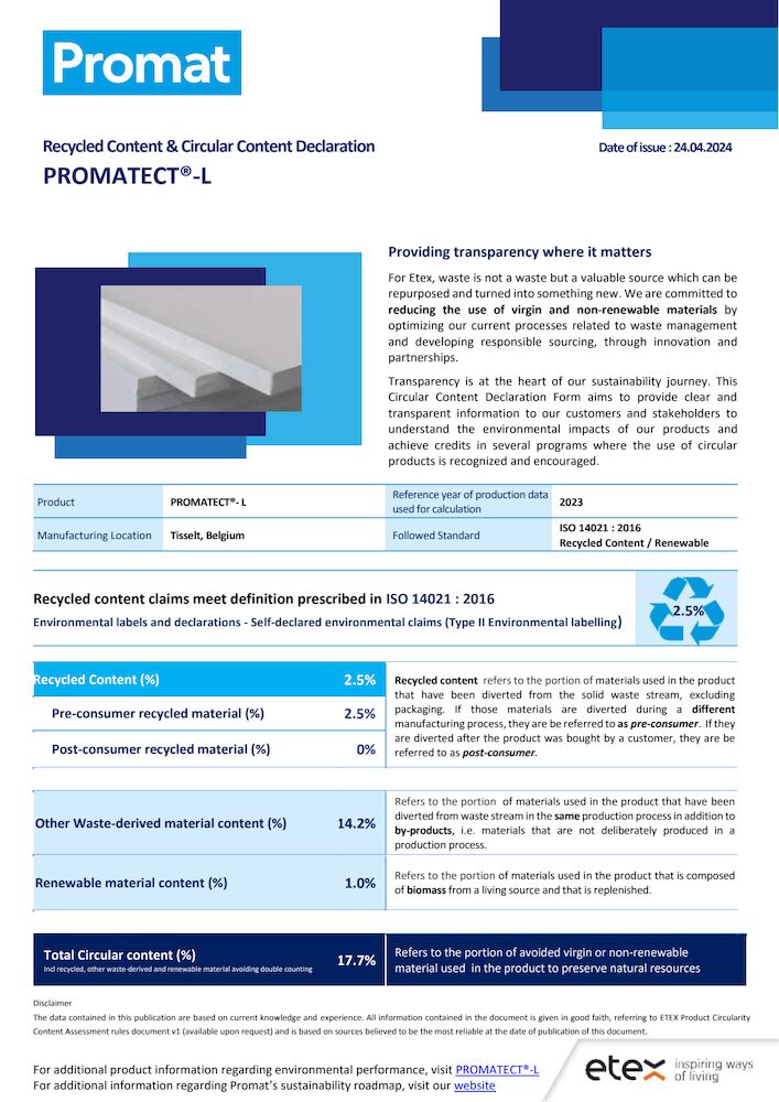 PROMATECT-L Contenuto di riciclato