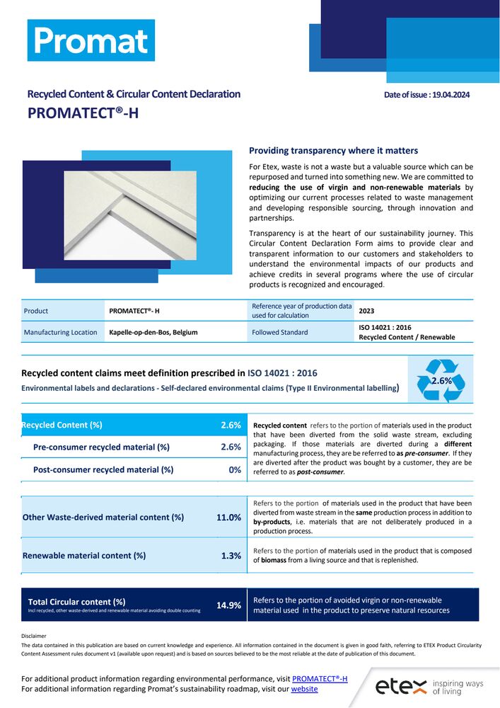 PROMATECT-H Contenuto di riciclato