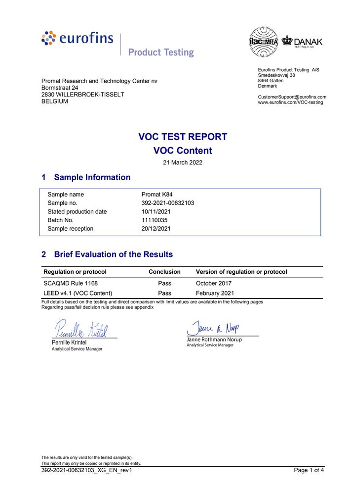 Promat K84 Contenuto VOC