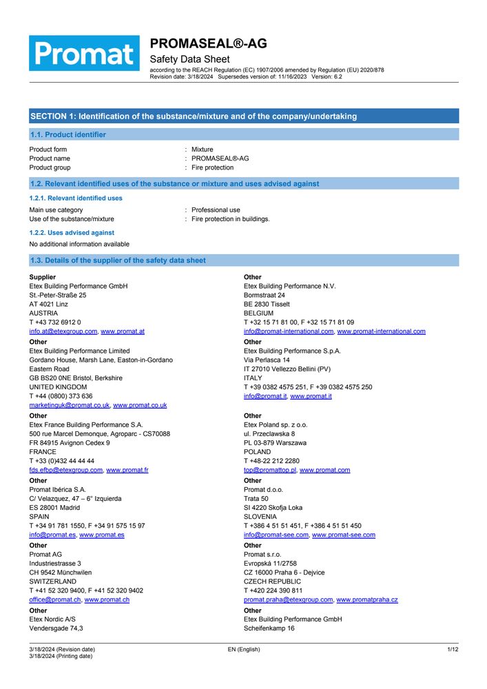 PROMASEAL®-AG Safety Data Sheet