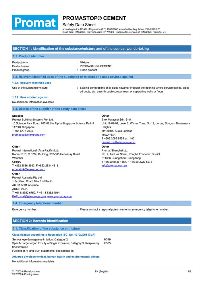 PROMASTOP® Cement  Safety Data Sheet version 2.0