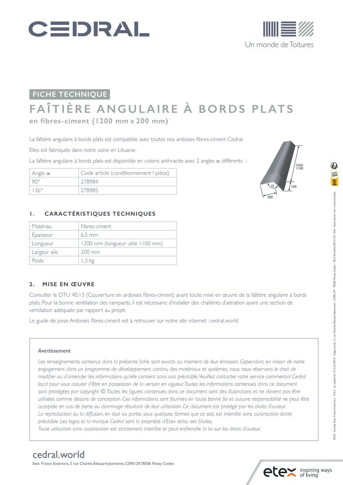 Fiche faitière angulaire