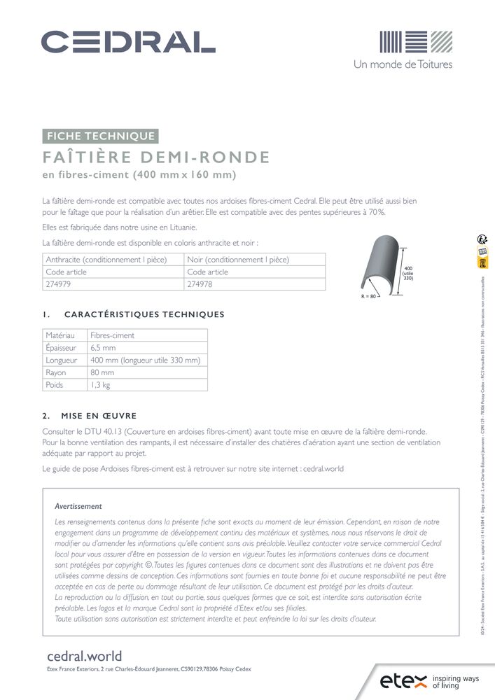 Fiche faitière demi-ronde